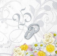 20 Tovaglioli in carta ANNIVERSARIO NOZZE D'ARGENTO 25 anni con fiori bianchi e 