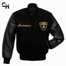 Giacca Varsity Letterman in pelle nera e lana ricamata ispirata Lamborghini