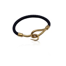 Autentico Bracciale Hermes Nero Pelle Tessuto Metallo Oro Jumbo Hook