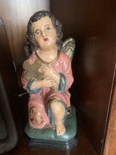 Antica Grande Statuetta Presepe Di Un Angelo Dipinto A Mano