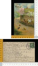 V01336] BUONA PASQUA  EASTER - POLLAIO CON GALLO GALLINA PULCINI _ RILIEVO 1915