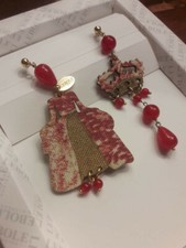 Orecchini Lebole in legno cotone ottone dorato e pietre naturali. Come nuovi