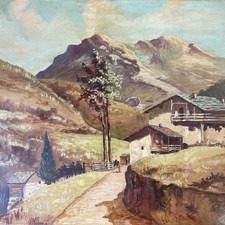 quadro dipinto olio su tavola paesaggio montano montagna con figure stile antico