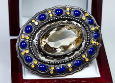 900 Argento - Antico Art Nouveau Stile Liberty Spilla - 27.00 CT Citrino -