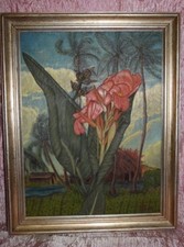 Pittore Secolo XX. "Natura morta fiore e piantagione"  olio  cartone 58x45 C12 ^