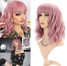 FAELBATY 14" Parrucche Bob Corte Rosa Riccia Lunghezza Parrucca Cosplay per Donna