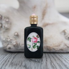 Miniature vide, bouteille en verre marbrée vert décoré d'une rose vintage