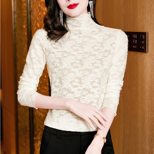 Donna pizzo camicia collo alto - pizzo,