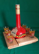 BOTTIGLIA CREMIDEA MOKA BECCARO + 6 BICCHIERI CON VASSOIO legno - ANNI 70 