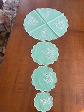 GRUPPO DI 19 CENTRINI VINTAGE RICAMATI A MANO COLORE VERDE ACQUA - MISURE VARIE