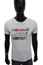 T-shirt Tommy Hilfiger Uomo Bianca M Logo Frontale Stampa Tropicale Usata
