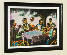 SUE ATKINSON (1949-2021) Dipinto ad olio Musicisti a Ballagio sul Lago di Como, Italia