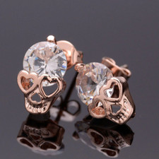 SKULL EARRINGS GOTHIC HALLOWEEN STUDS ROSE GOLD CRYSTAL   + Bag