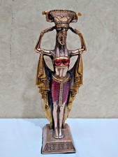 ANTICO EGIZIO ANTICO Statua Dea Testa di Iside Candeliere Dipinto Oro - 23 cm