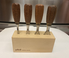 Set di 4 scalpelli a testa con bordo smussato Pfeil Swiss Made - blocco di legno 1/4, 1/2, 3/4, 1"