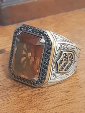 ANELLO ARGENTO  925 uomo solitario topazio fumo Ring Sterling Man Onice Onyx $