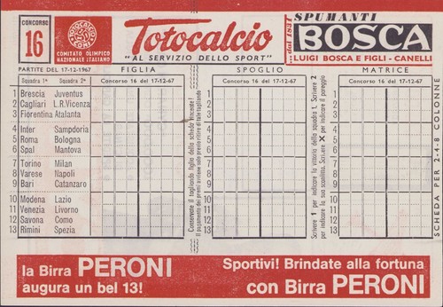 Totocalcio schedina 16 del - totocalcio, n.