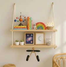 Mensola sospesa in legno e corda 2 ripiani boho per cameretta bambini