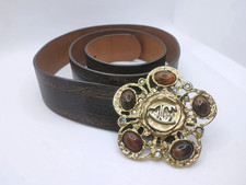 Just Cavalli Belt 90/100 CM Brown Genuine Leather Crystal-studded Flower Buckle