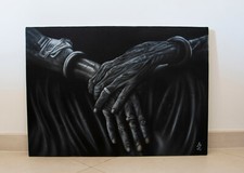 dipinto su tela ad aerografo, bianco e nero, acrilico, dimensione 50 x 70