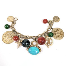 Bracciale Vintage 12 Charm Tono Oro Moneta Etrusca Revival Grossa Dichiarazione Turchese