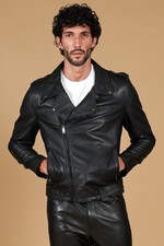 Chiodo Vera Pelle Nera con  Alette Uomo Moto Giubbotto Made in Italy Clou
