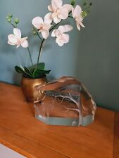 Scultura Vintage Ekenas Svezia Cristallo Trasparente Scenario Inciso Firmato Blocco Pesante