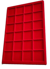 VASSOIO ESPOSITORE X MONETE MEDAGLIE IN FLOCCATO VELLUTO ROSSO 24 CASELLE SPAZI
