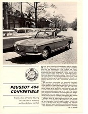 PEUGEOT 404 CABRIO 1965 ~ PROVA SU STRADA ORIGINALE 3 PAGINE / ARTICOLO / ANNUNCIO