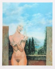 Rudolf Distler (nato 1946), insegna. Litografia a colori, Nudo di donna con conchiglia, 1978
