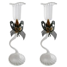 Porta candela candeliere bugia in vetro soffiato set da 2 con fiori made in Ital