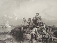 Incisione Originale su Acciaio 1850 Pittori sulla Costa Olandese Nave e Mulini