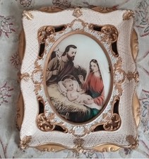 Quadro ANTICO ART Déco CORNICE GESSO DIPINTO Capezzale Sacra Famiglia Natività