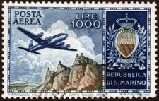 San Marino - 1954 - Lire 1000 Aereo e Stemma - usato - Sassone A.112