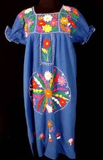 Abito Vintage Blu In Cotone Ricamato Degli Anni '70-'80