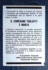 Manifesto  funebre Palmiro Togliatti, 1964 Federazione Giovanlie Comunista