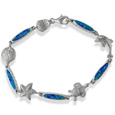 Sterling Silver Alternating Blue Inlay Opal Bar and Sealife Bracelet