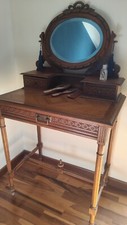 Toeletta antica con specchio mobile trucco in legno, Un Cassetto + 2 Cassettini