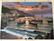 Mario Galanti olio su tela 50x70 pescatori a baia