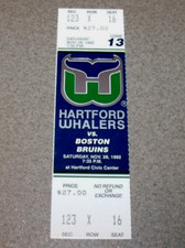 Biglietto completo Hartford Whalers 28/11/1992 Sanderson 1° cappello trucco Craven OT gol