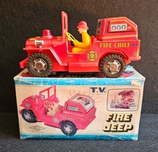 Tv Fire Patrol Chief Jeep Tin Battery Op. Toy First Taiwan 1960s MIB