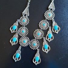 COLLANA ETNICA SMALTO TURCHESE E METALLO, DELIZIOSA CON PENDENTI