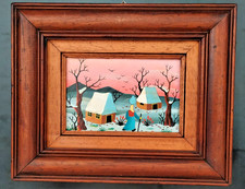 Tre quadretti naif 15x10, olio su cartone telato, con elegante cornice in legno