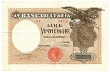 25 LIRE AQUILA CON BANDIERA SABAUDA PRIMA SERIE A1 BANCA D'ITALIA 24/01/1918 BB+