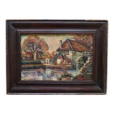 *HH* Antico Quadro Olio Su Cartoncino Paesaggistico Paesaggio Casa Mulino Baita