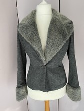 Giacca Kookai grigio misto lana, collo e polsini in pelliccia sintetica Uk14 B19