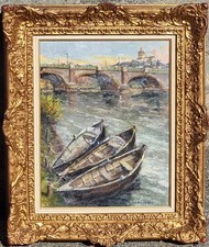 Beppe Chiaudano ( Torino 1936 ) "Vecchie barche sul fiume Po " a Torino,  olio 