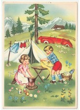 cartolina d'epoca bambini campeggio tenda picnic paesaggio di montagna