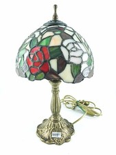 Lampada Abatjour Vetro TIFFANY con rose rosse e base LIBERTY in Ottone anticato