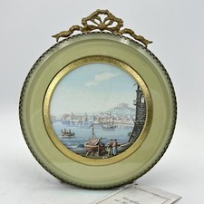 Quadretto Antico in Miniatura Medaglione Gouache epoca '900 Fiocco Ottone Marina